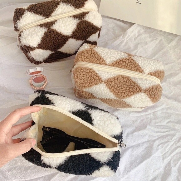 Black Checkered Plush Cosmetic Makeup Bag - Picture 2 of 4